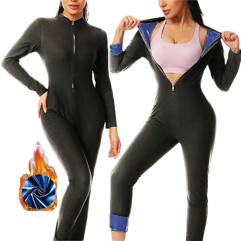 MrifDila Sauna Suit Jumpsuit Full Zip Up Sweatsuit Hot Sweating Jumpsuit Long Sleeve Romper Bottom Pants Sweating Bodysuit Shape