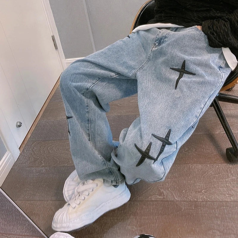 Prints Jeans Men 2023 New Streetwear Baggy Wide Leg Jeans Korean Fashion Drapes Straight Casual Loose Denim Cargo Pants Main image