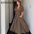 KONDALA 2026 Spring Summer Vintage Women Dress Fashion Single Breasted Sashes Draped V Neck Sleeveless Chic Brown Ladies Dresses