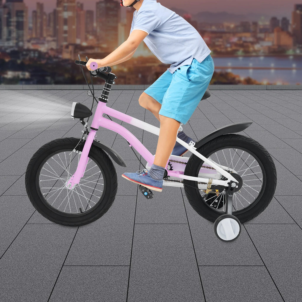 16 Inch Children's Bicycle Carbon Steel Mountain Bike with Auxiliary Wheels & LED Light for 5-8 Years Old,Height Adjustable,60Kg