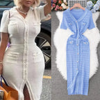 YuooMuoo 2026 New Arrival Women Knitted Long Dress Elegant V-neck Single-breasted Split Sweater Dress Office Lady Vestidos