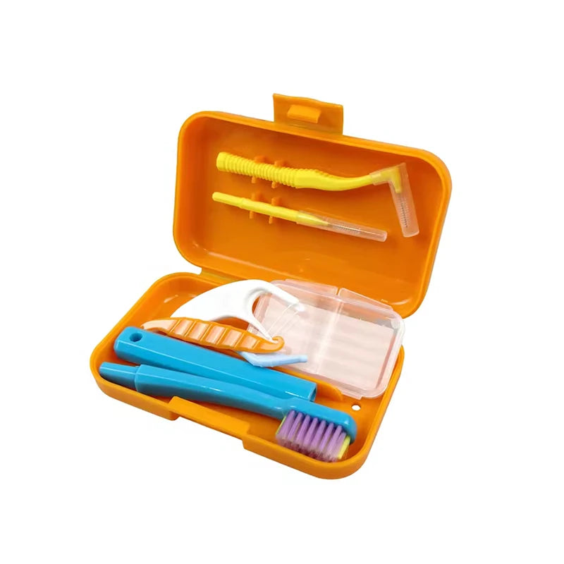 Portable Orthodontic Oral Dental Cleaning Kit Travel Foldable Toothbrush Dental Floss Interdental Brush Oral Care Cleaning Case