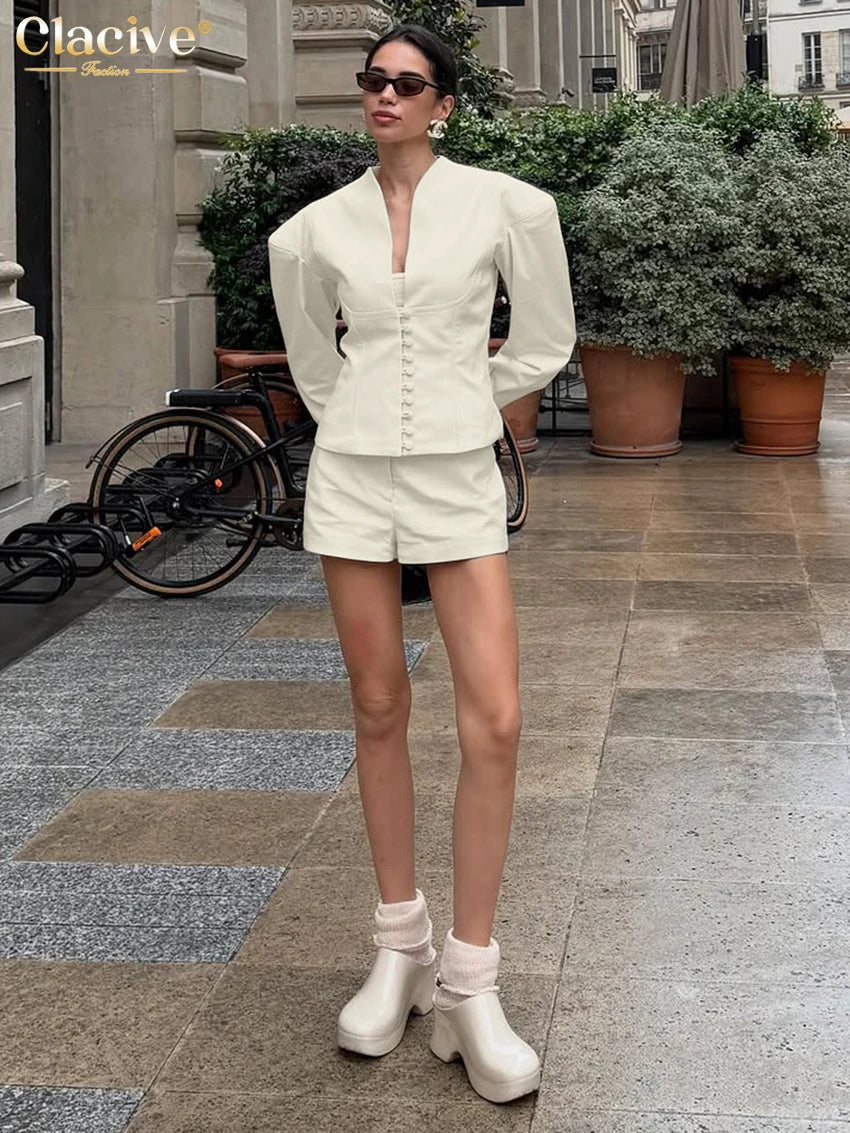 Clacive Fashion Loose Beige Women's Two Pieces Set 2025 Sexy Long Sleeve Shirt With High Waist Shorts Set Female Streetwear