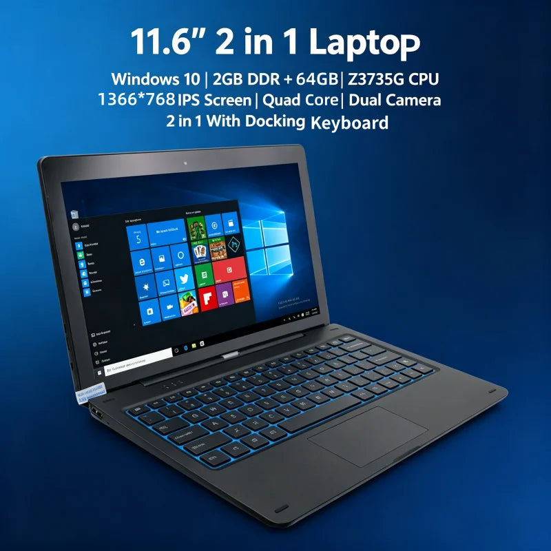 11.6'' Windows 10 Tablet PC 2GBDDR+64GB  Z3735G CPU 1366*768 IPS Screen Quad Core G12 Dual Camera 2 in1 With Docking Keyboard