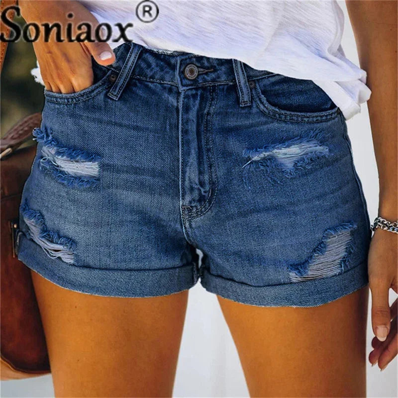 2024 Summer New Women Crimping Button Up Stretch Sexy Hole Jean Shorts High Waist Skinny Streetwear Trendy Ripped Denim Shorts