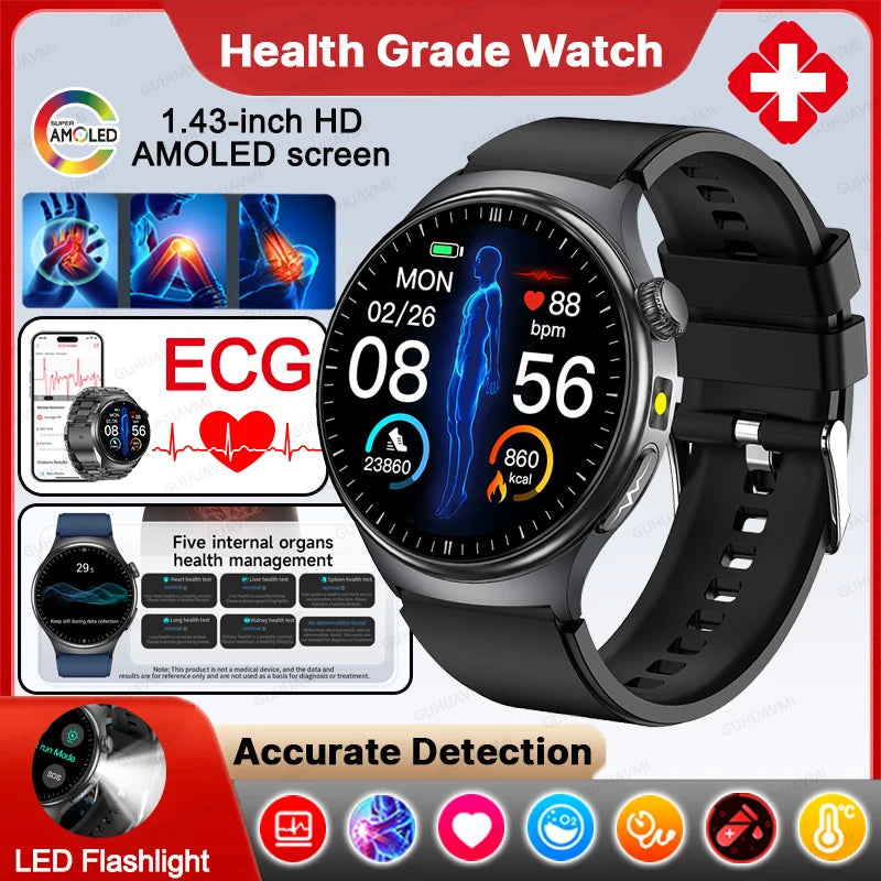 New Accurate ECG Smart Watch Blood Lipids Five Viscera Health Check Body Temperature BT Call Sports Smart Watches For Men 2026