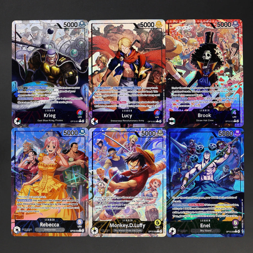 One Piece TCG OPCG English Leader card OP15 Leader Card Set Luffy  Lucy Enel Krieg Rebeca Brook KAMI's Island Textured Foil Card