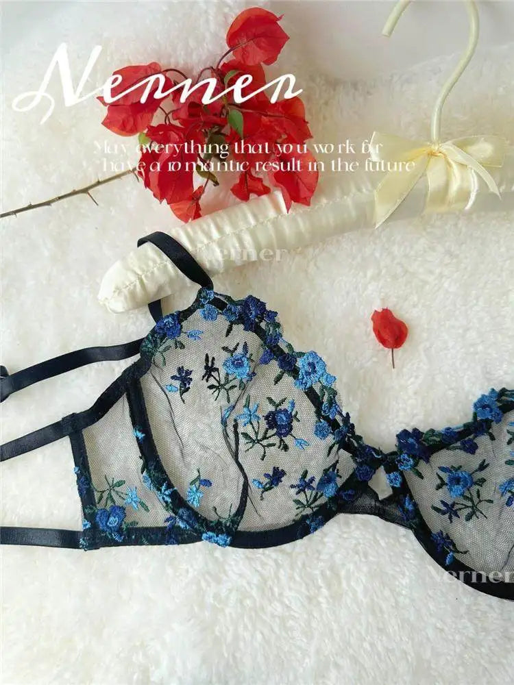 YUQI French Luxury Lingerie Set - Sexy Floral Embroidery Black Bra & Panty Set, Sheer Transparent Seductive Women's Intimates