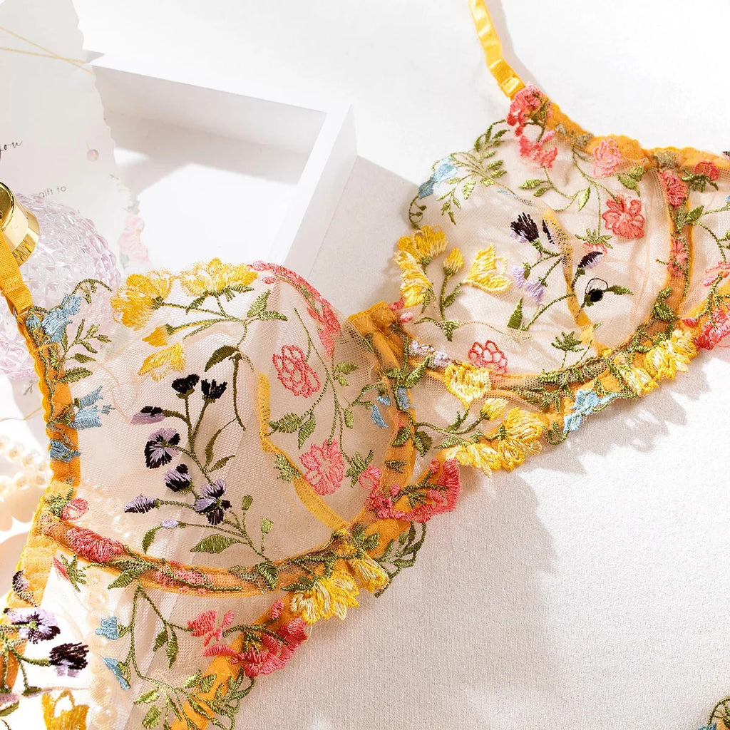 Yimunancy Floral Embroidery Lingerie Set Women Sheer 2-Piece Boho Bra + Panty Underwear Set Intimates