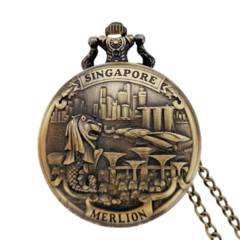 Retro Charm Neutral Fashion Merlion Scenic Spot Carving Quartz Pocket Watch Steampunk Men's and Women's Necklace Pendant Gift