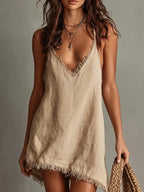 Women's Tassel Cami Tops Mini Dress Fashion V Neck Spaghetti Strap Camisole Asymmetrical Hem Flowy Long Lace Tank Slip Dresses