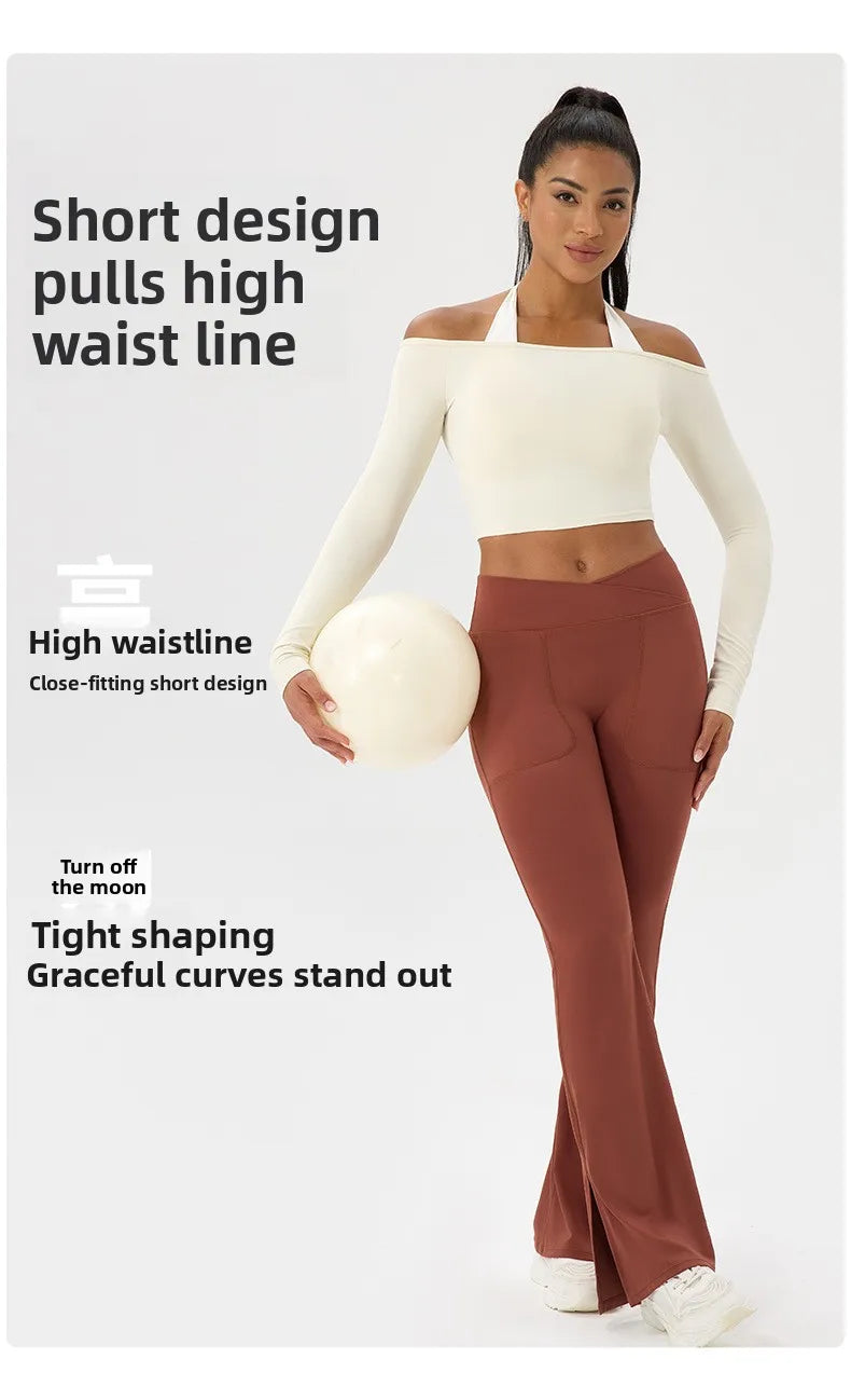 Yoga long-sleeved T-shirt women's one-shoulder sexy tight fitness wear top nude feel quick-drying sports sleeved Yoga Shirts
