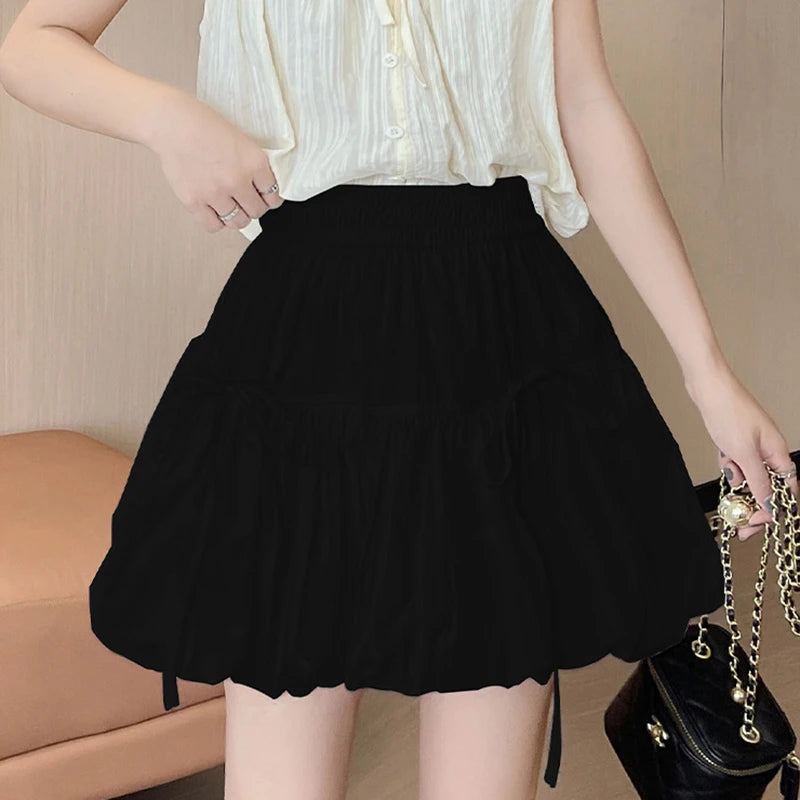 Sweet Bow Pleated Fluffy Skirts for Women Summer Korean Style Elastic Waist Lantern Skirt Woman Loose White A-Line Short Skirts