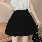Sweet Bow Pleated Fluffy Skirts for Women Summer Korean Style Elastic Waist Lantern Skirt Woman Loose White A-Line Short Skirts