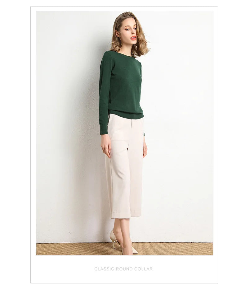 Women Slim O-Neck Pullover Cashmere Wool Blending Sweater Autumn And Winter Long-Sleeved Knit Bottoming Shirt Large Size 2024