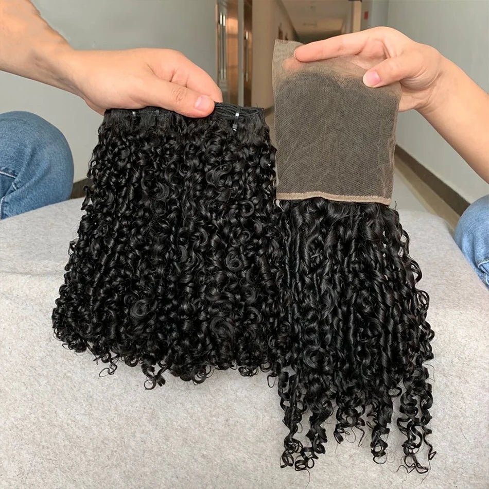 Pixie Curly Human Hair Weave Bundle With Closure Brazilian Human Hair Weave Extensions 100% Human Hair Weft HD Lace Closure