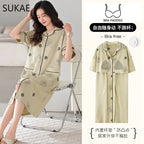 SUKAE Midi Nightdress M-5XL V-neck Bra Padded Botton Sleepshirt Plus Size Cotton Nightgowns Summer Women Short Sleeves Nightgown