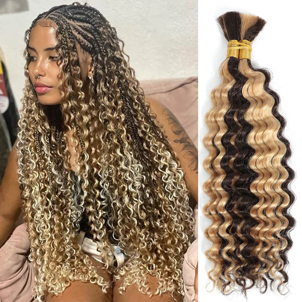 P4/27 Highligt Deep Wave Bulk Human Hair Braiding Blonde Curly Brazilian Human Hair Extensions for Micro Braiding No Weft Main image
