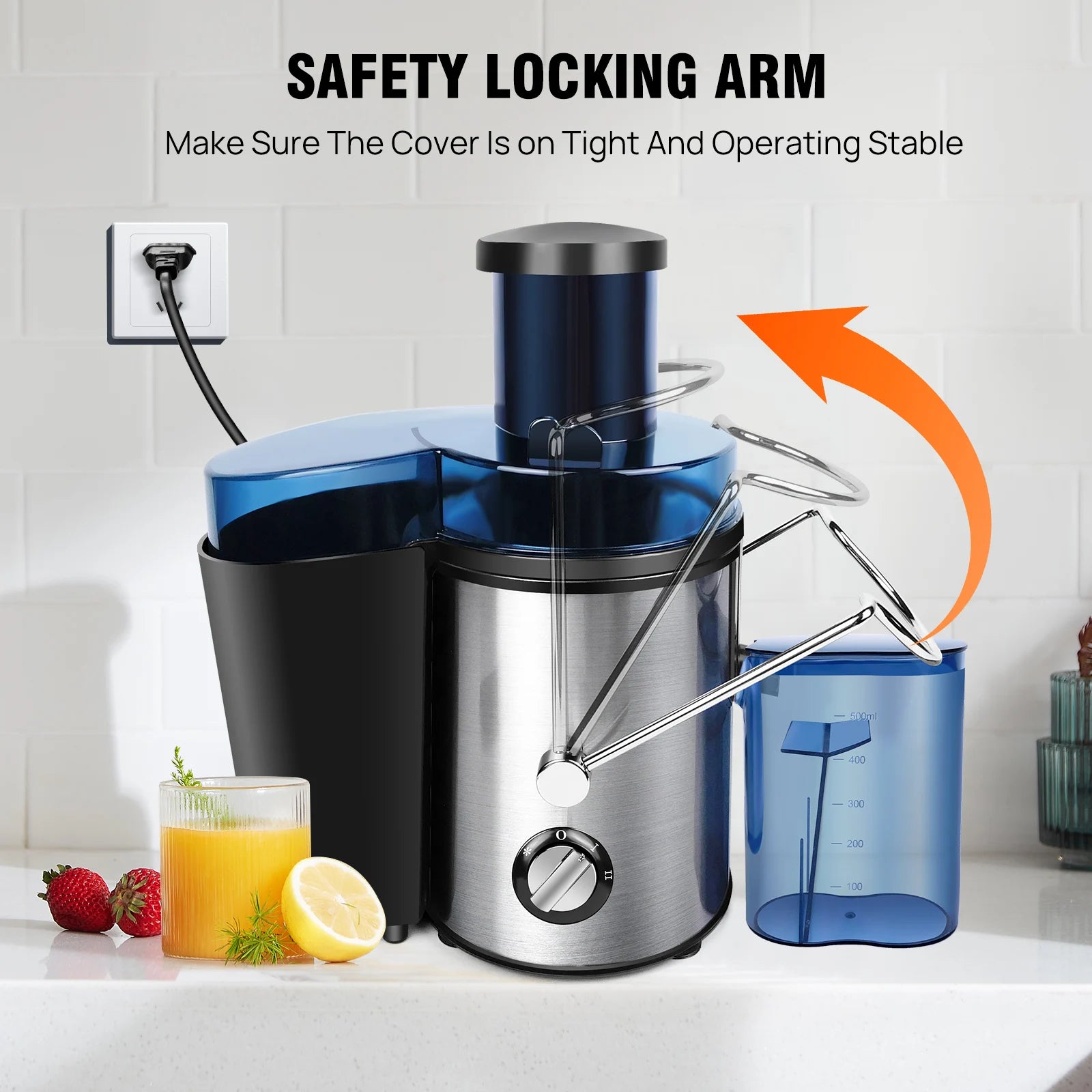 BRIEFNESS Juicer Centrifugal Juicer Machines Whole Fruit Vegetable 500W 65mm Wide Mouth 2 Speed 500ml Efficient Juice Maker
