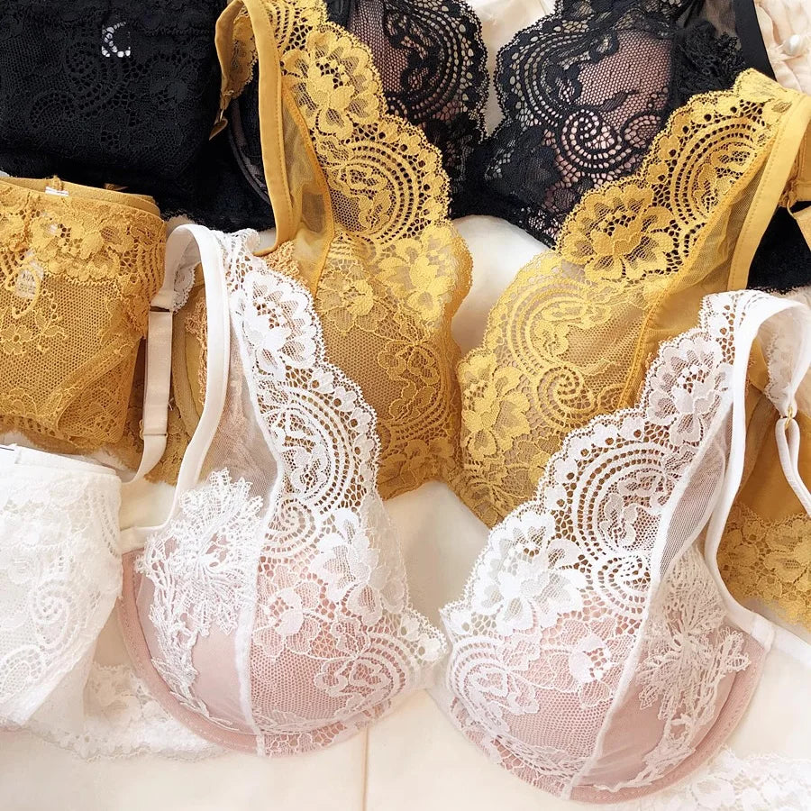 Full Lace Thin Cup Comfortable Young Girls Fashion Intimates, Wire Free Seamless Lingerie For Women Sexy Underwear Bra Pants