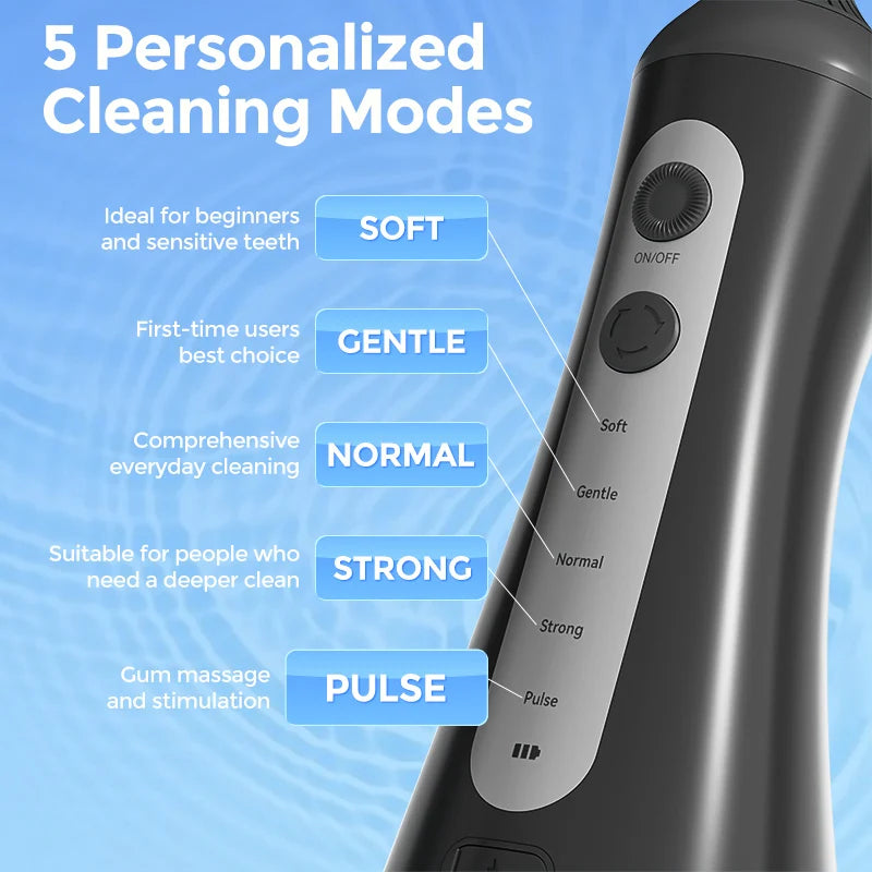 SEJOY Portable Electric Water Flosser Irrigator Dental Teeth Whitening strips 350ML Tank 5 Modes 5 Jet Tips For Home Travel