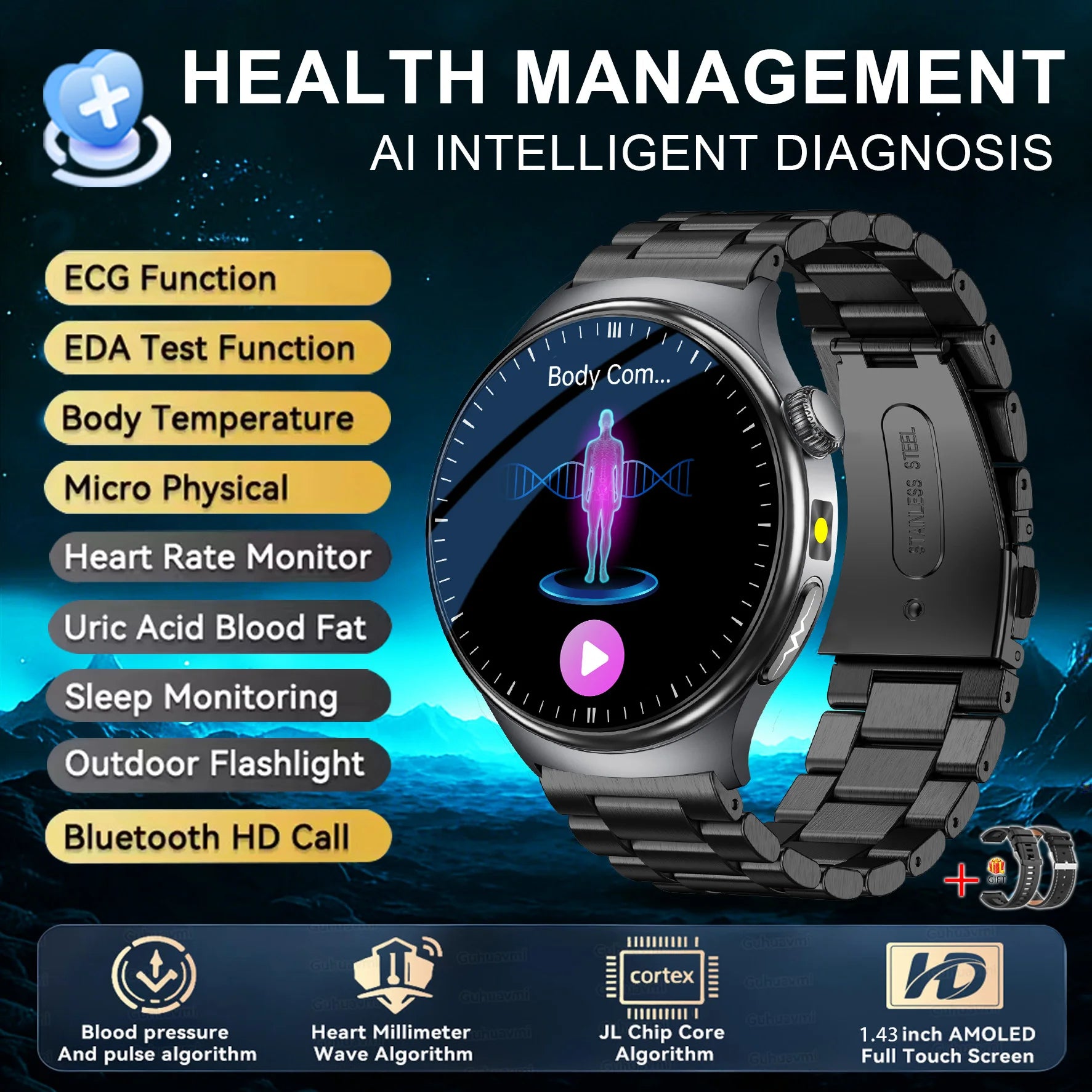 2026 New Accurate Body Health analysis Smart Watch Men ECG Blood lipids Uric acid Blood Pressure Body Fat Voice Call Smartwatch