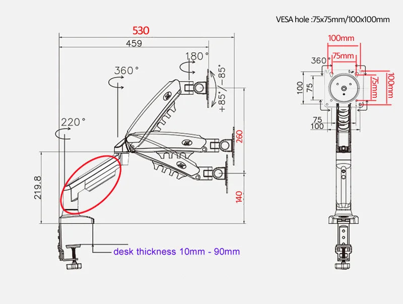 NB F80 + FP-2 full motion 360 rotate pivot 2-9kg gas spring arm 10"-17" laptop tray desktop stand clamp 10-90mm grommet hole
