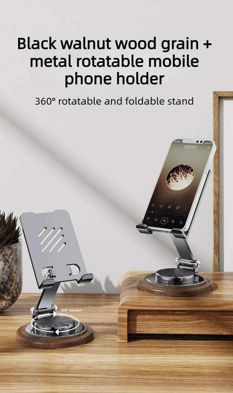 Black Walnut Wood Base Phone Holder Metal Stand 720° Rotating Foldable Desktop Stand Easy Storage for Mobile Phone Tablet Holder