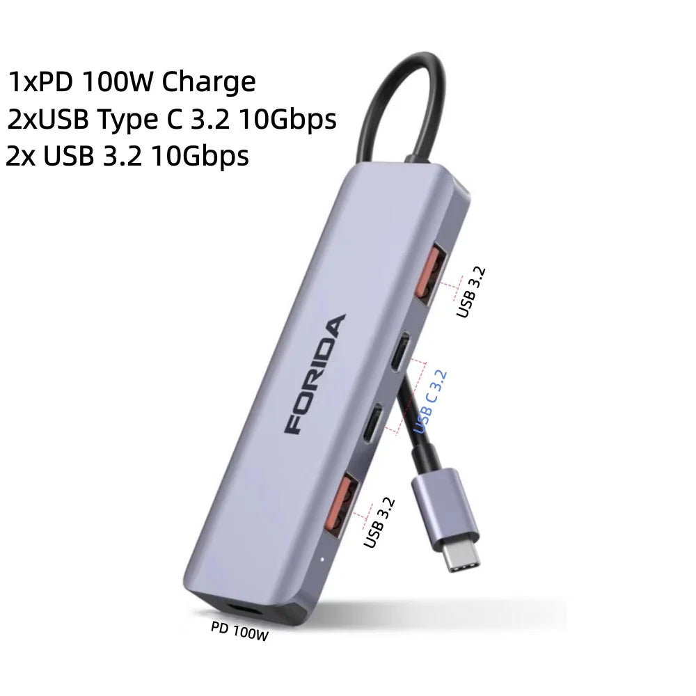 FORIDA USB Hub Type C 10Gbps USB C Splitter PD 100W Power Charging USB 3.2 Gen2 Adapter for Laptop MacBook Desktop Tablet