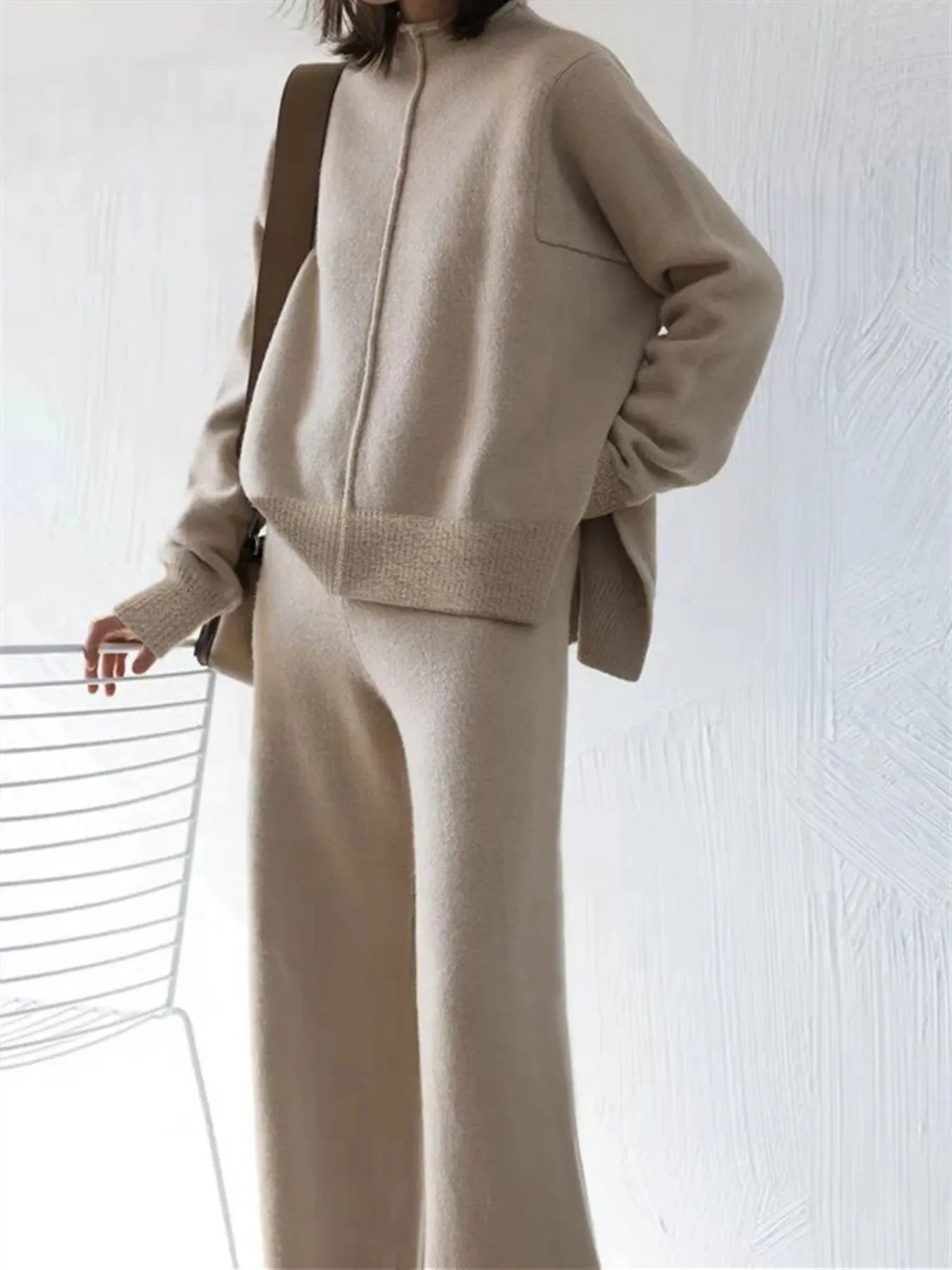 Women's Beige Oversized Knit Two-Piece Set with Half-Zip Sweater And Wide-Leg Pants Casual Loungewear Main image
