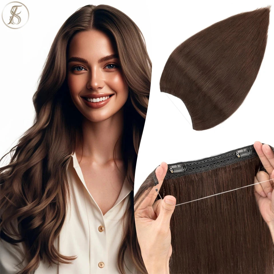 TESS Wire Hair Extensions Invisible Straight Wire Remy Human Hair Extensions with Transparent Line Clip In Hair Weft For Women Main image