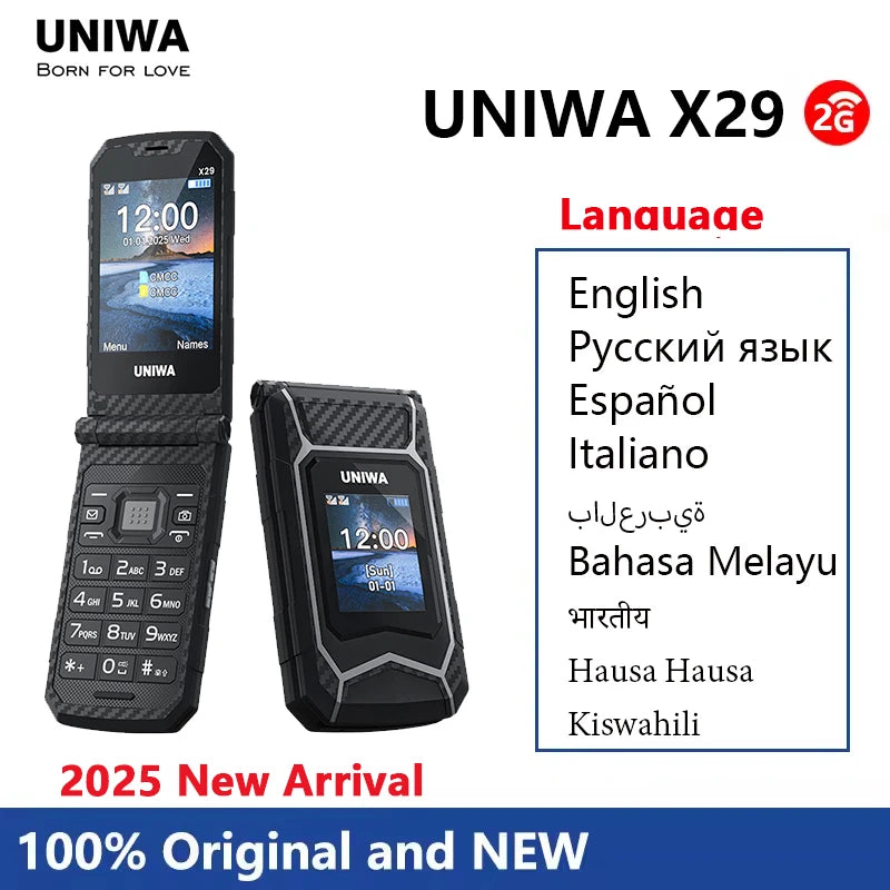 UNIWA X29 GSM Flip Phone 2.8 Inch Double Screen Dual SIM Big Font Big Button For Senior 2000mAh Wireless Radio  Russian Keyboard Main image