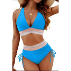 Sexy Deep V-Neck Bikini Swimsuit Set Women 2026 Summer Beach with Chest Cushion Swimwear High Waist Drawstring Triangle Bikini