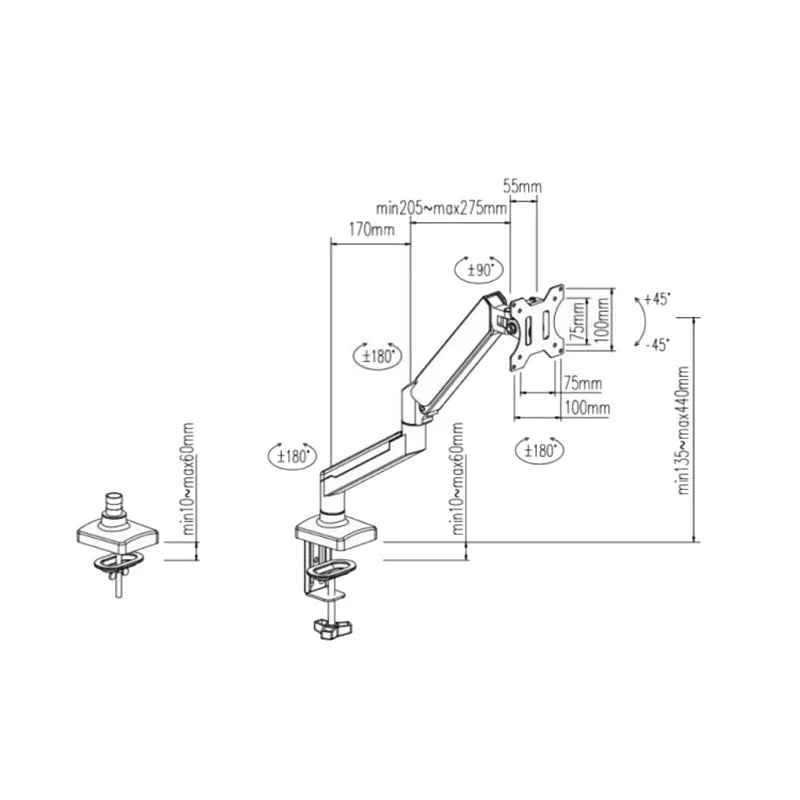 D-MOUNT D80 metal alumin 2-10KG 13"-32" monitor desktop stand mount gas spring arm full motion rotate clamp 0-60mm grommet