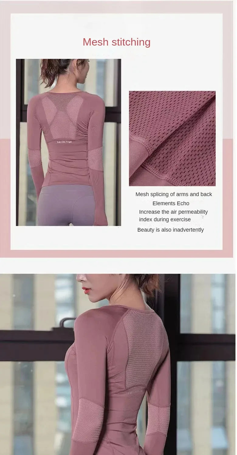 Quick Drying Fitness Top Women Sportwear Running Exercise Long Sleeved T-shirt Finger Sleeve Training Top