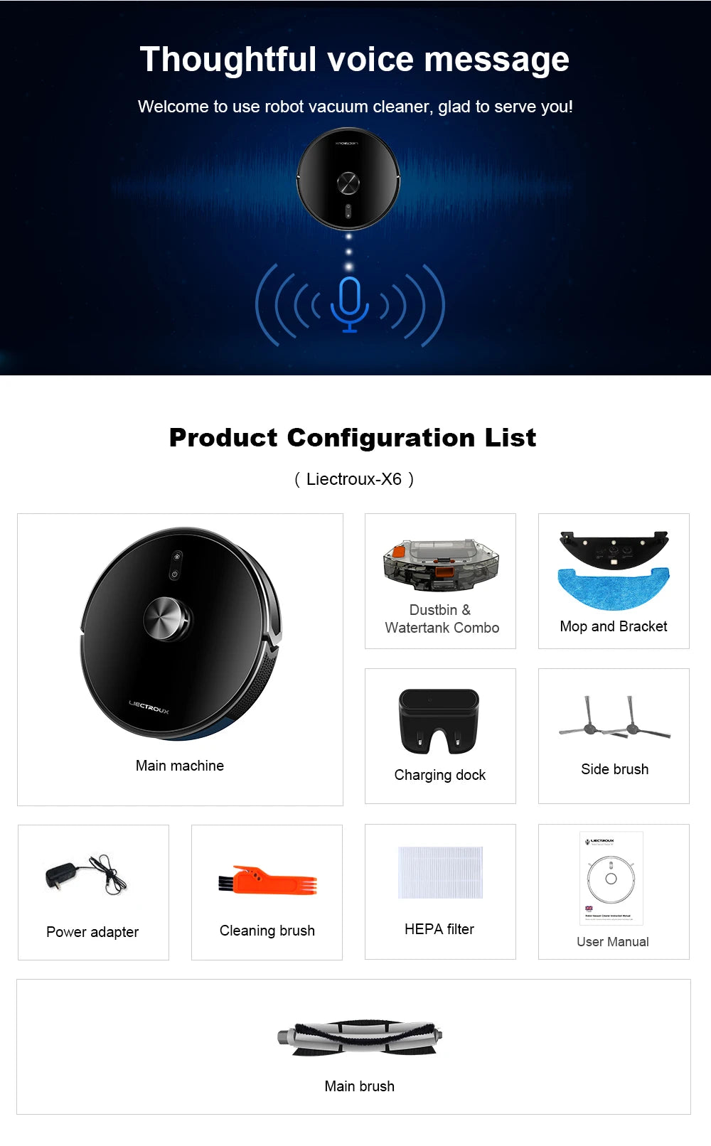 Liectroux / LILIN X6 Robot Vacuum Cleaner,Laser System,Wet Dry Mopping,6500Pa, Multi-Floor Map,Zone Cleaning,APP Restricted Area