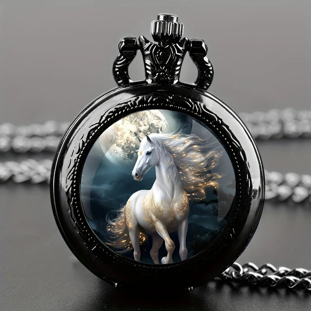 Vintage Unique Silvery Horse Animal Design Necklace Pendant Quartz Pocket Watch, Cool Exquisite Accessory for Men Women and Kids Main image