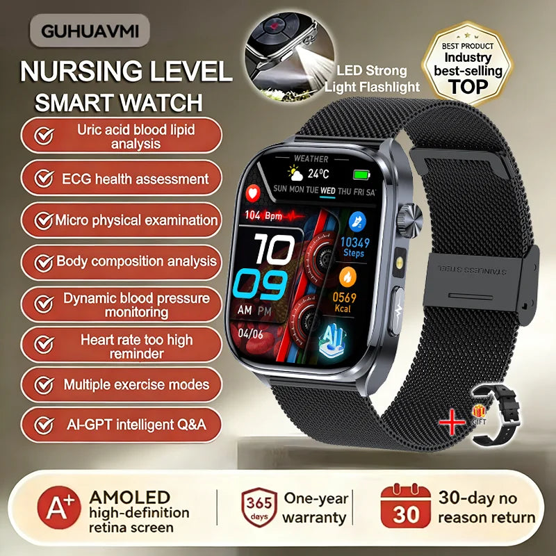 New Health Watch Uric Acid Blood Pressure Blood oxygen Body Analysis Body Fat SmartWatch ECG+PPG Bluetooth call Clock Women Men