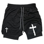 Print 2 in 1 Running Workout Shorts for Men Christian Gym Athletic Performance Shorts with Phone Pocket Towel Loop Activewear
