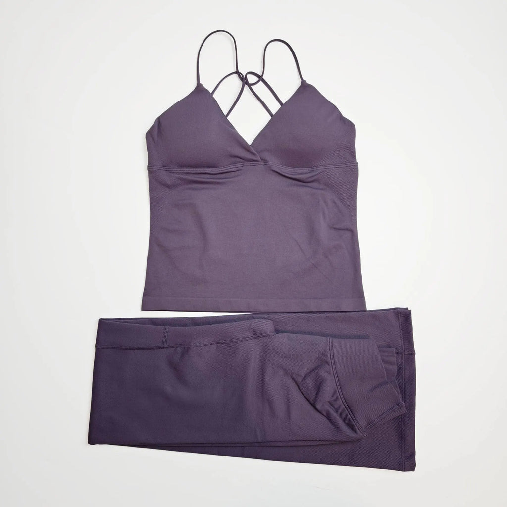 NCLAGEN Women Sportwear Vision Set Twist Front Longline Top + Flares 2 Pieces Fitness Suit Workout Running Outfit Gym Clothing