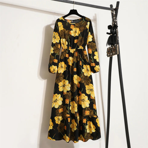 Spring Summer Women Maxi Dresses Casual Full Sleeve Floral Printed O-neck Woman Bohe Beach Party Long Dress Mujer Vestidos