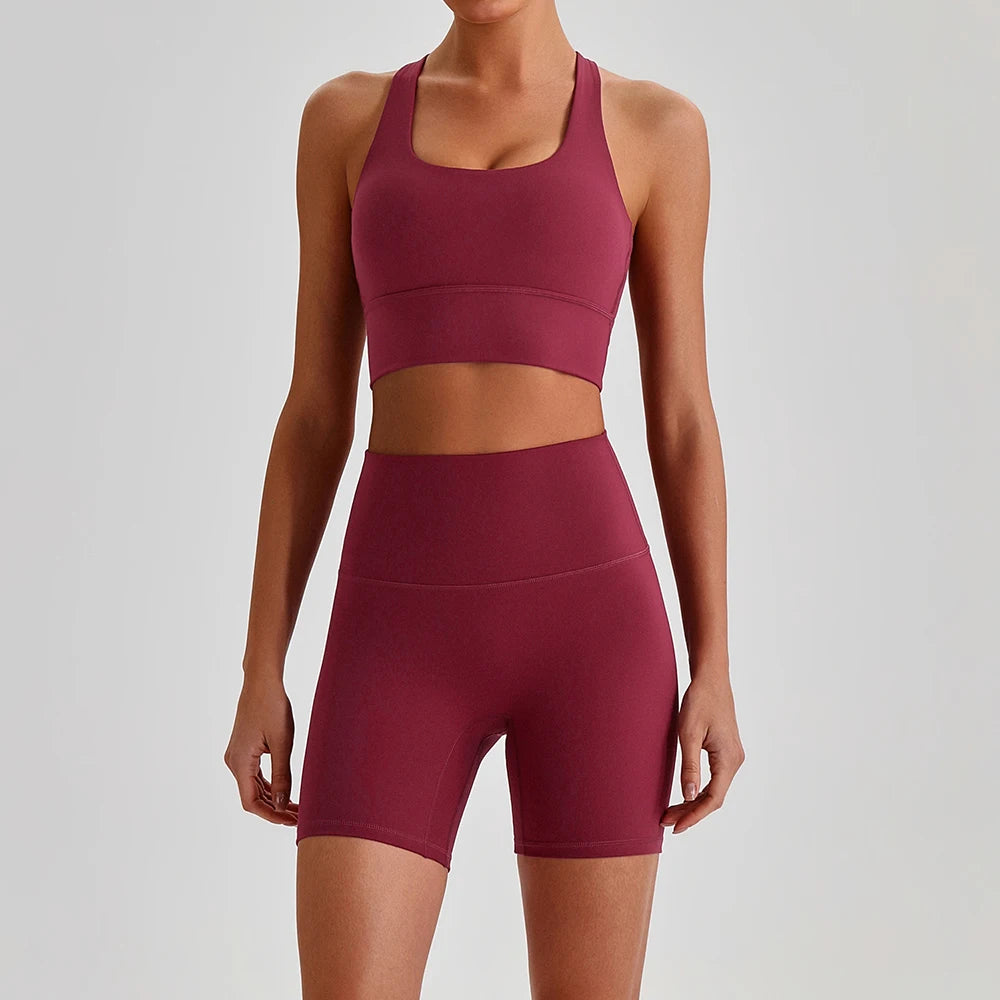 Buttery Soft Nylon Yoga Set Crisscross Back Sports Bra High Waist Biker Shorts 2 Piece Gym Set Workout Outfit Women Activewear