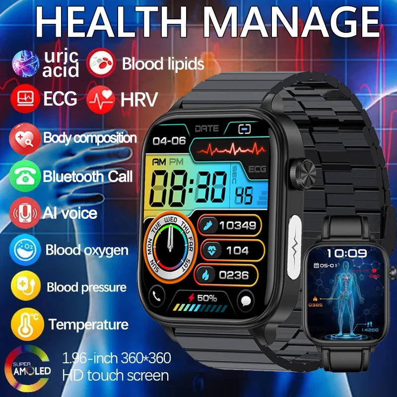 2025 New AI Diagnosis Blood Lipids Uric Acid Body composition Test Smart Watch For Men ECG+PPG Bluetooth Call Health Smartwatch Main image