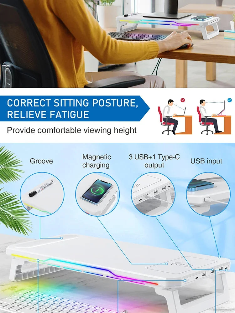 RGB Light Effect Rechargeable Desktop Monitor Height Stand 3 USB 2.0 Port Universal Laptop Storage Rack With Wireless Charging
