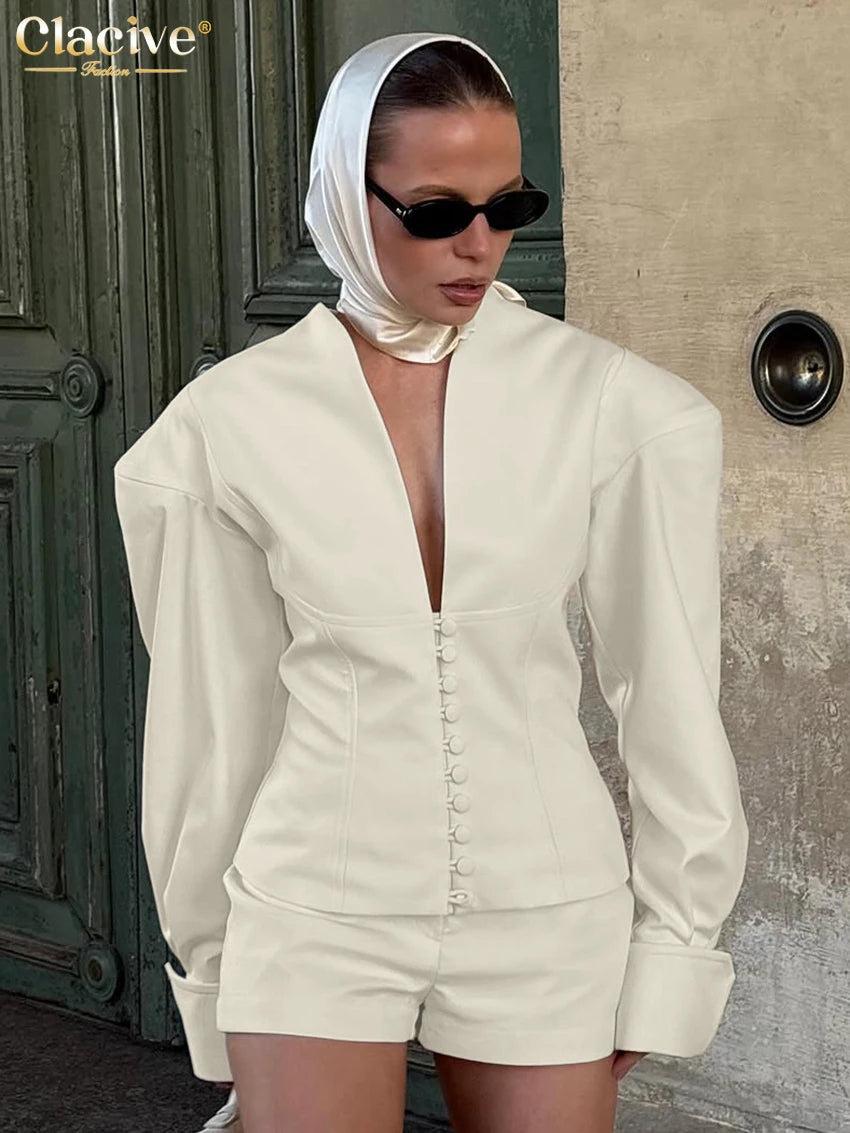 Clacive Fashion Loose Beige Women's Two Pieces Set 2025 Sexy Long Sleeve Shirt With High Waist Shorts Set Female Streetwear