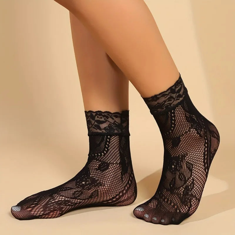 5 Pairs Floral Lace Socks Thin Breathable Short Socks Summer Mesh Lolita Fishing Net Women's Stockings Hosiery