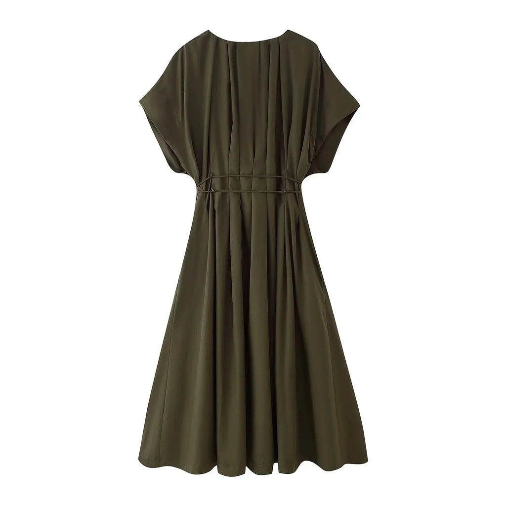 KONDALA 2026 Spring Summer Vintage Women Dress Fashion Single Breasted Sashes Draped V Neck Sleeveless Chic Brown Ladies Dresses