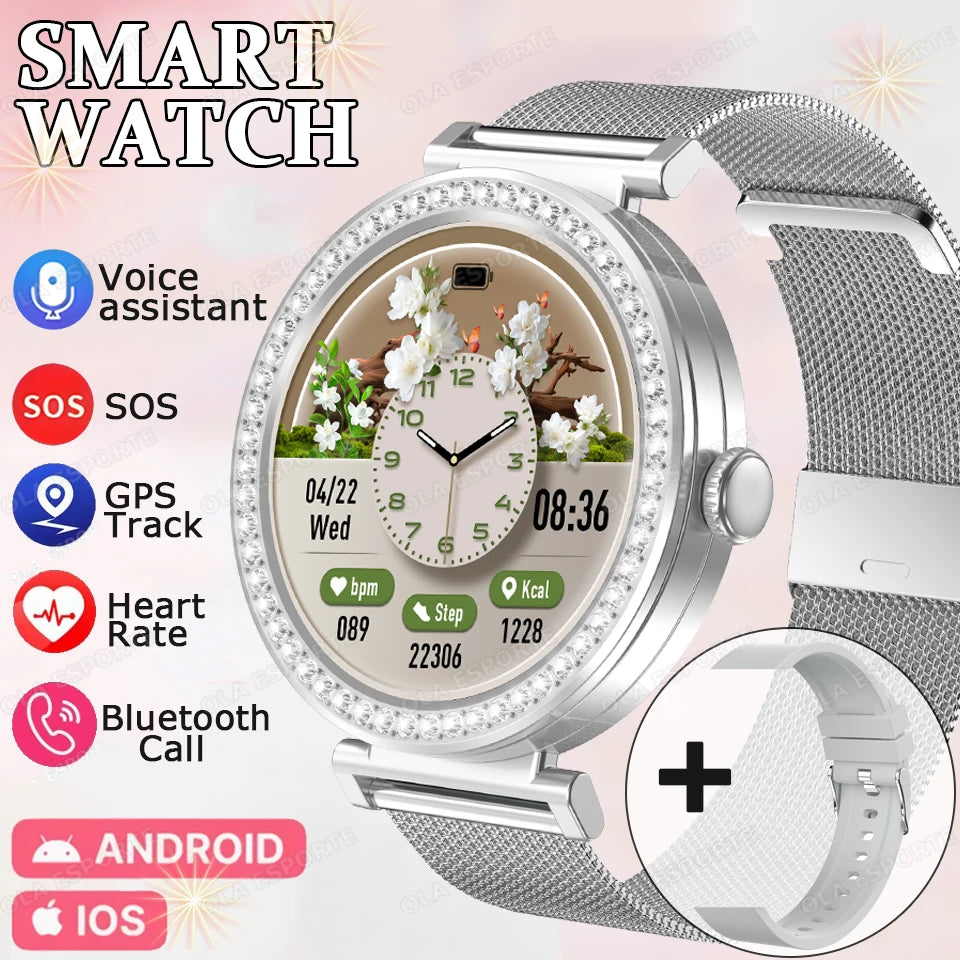 Fashion Zircon Smart Watch 1.46" AMOLED Screen 5.4 Bluetooth Call Heart Rate Temperature Monitoring Women Smartwatch Pedometer