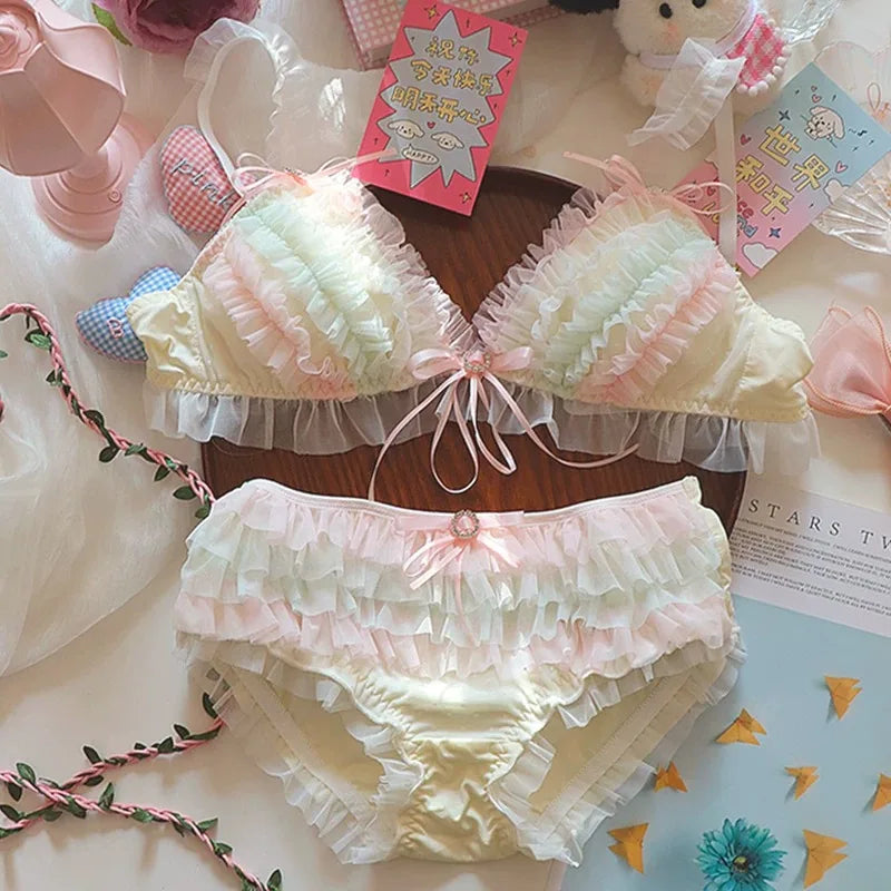 Japanese Style Lolita Princess Lingerie Set Women Pure Desire Cake Layer Lace Mesh Cotton Crotch Party Bra And Panty Set  Cute