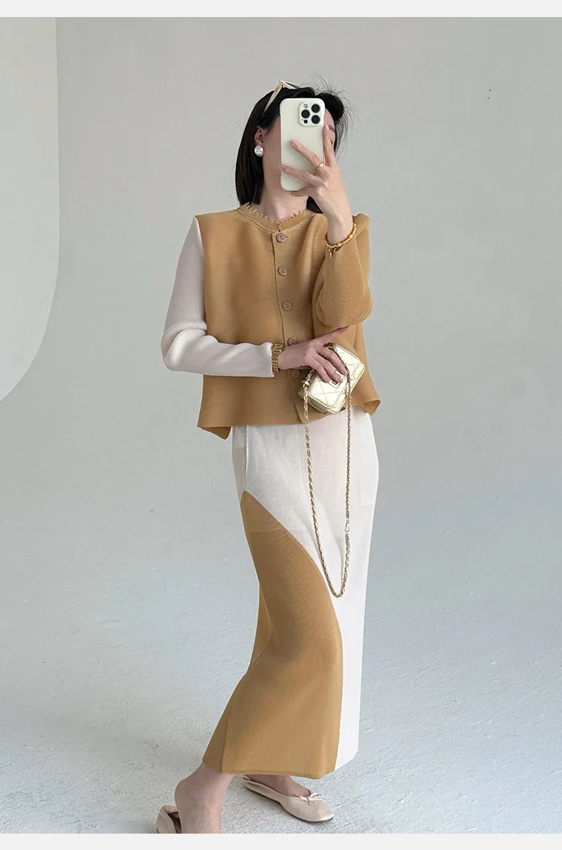 Khaki Beige Pleated Crew Neck Button Vest & Pleated Color Block Skirt Set Drapey Co-ord Set Minimalist Chic Trendy Daily 2026